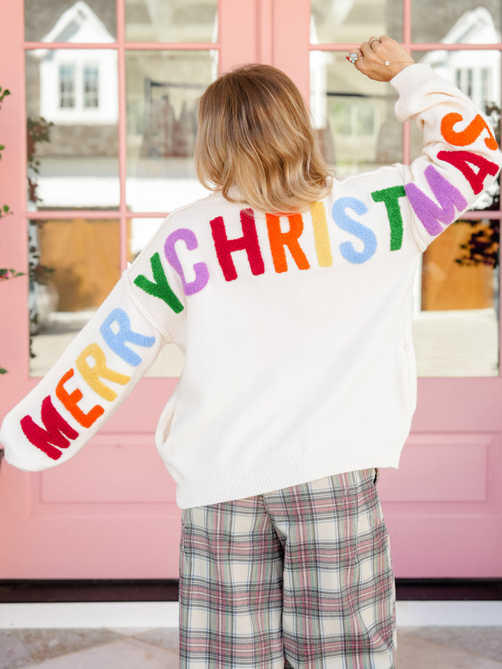 Long Sleeve Cardigan with ''Merry Christmas'' Patchwork - Freckled Poppy