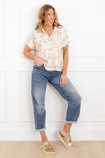 Plus/Reg Floral Print Short Sleeve Half Zip Up Top