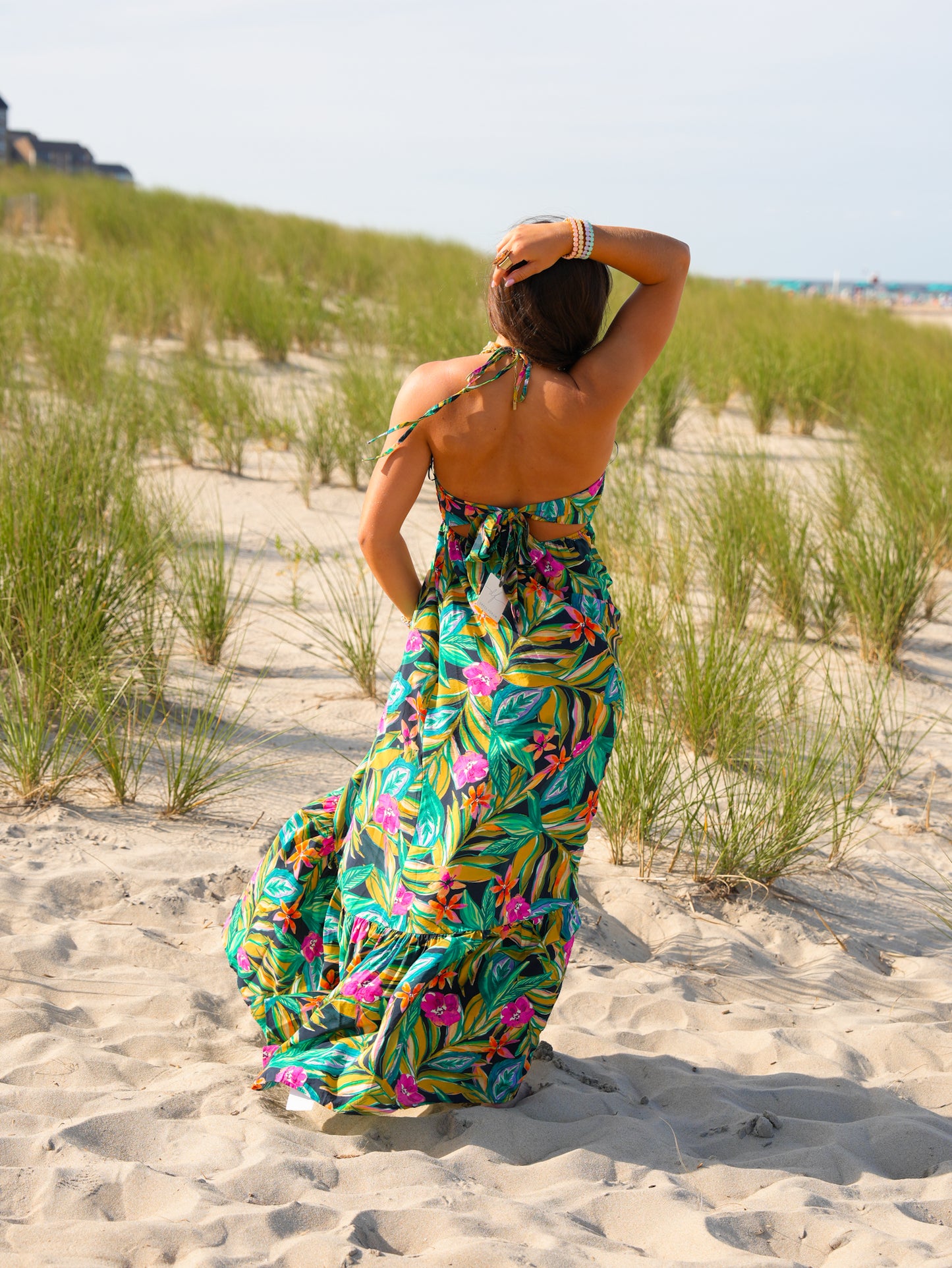 Tropical Print Sleeveless Halter Neck Maxi Dress