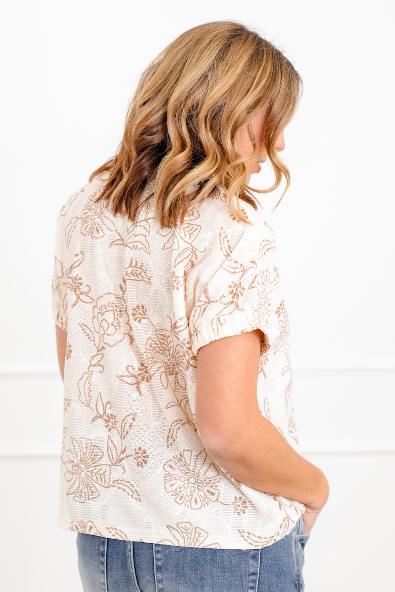 Plus/Reg Floral Print Short Sleeve Half Zip Up Top