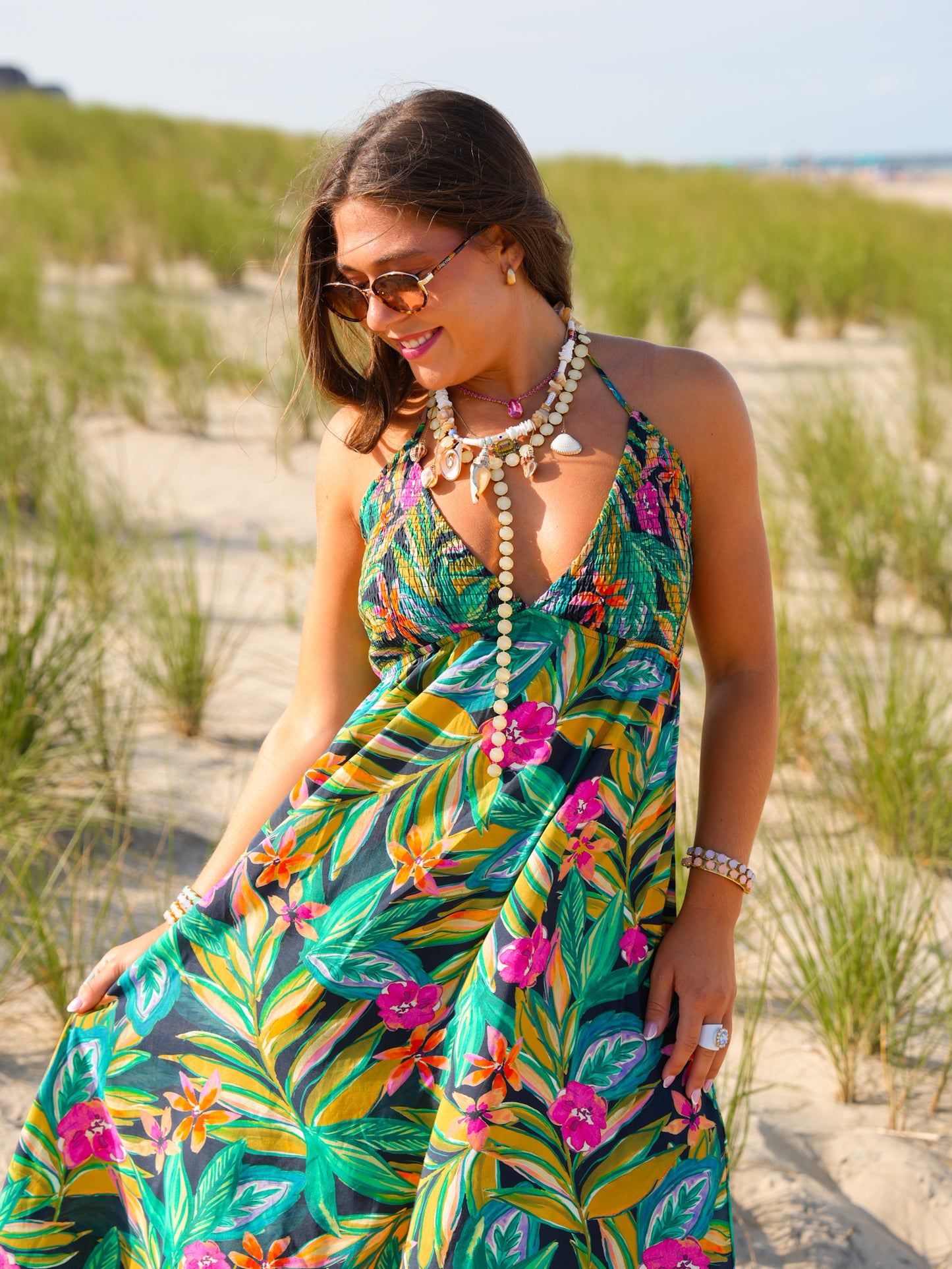 Tropical Print Sleeveless Halter Neck Maxi Dress