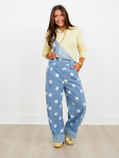 Light Wash Polka Dot Print Cuffed Overalls