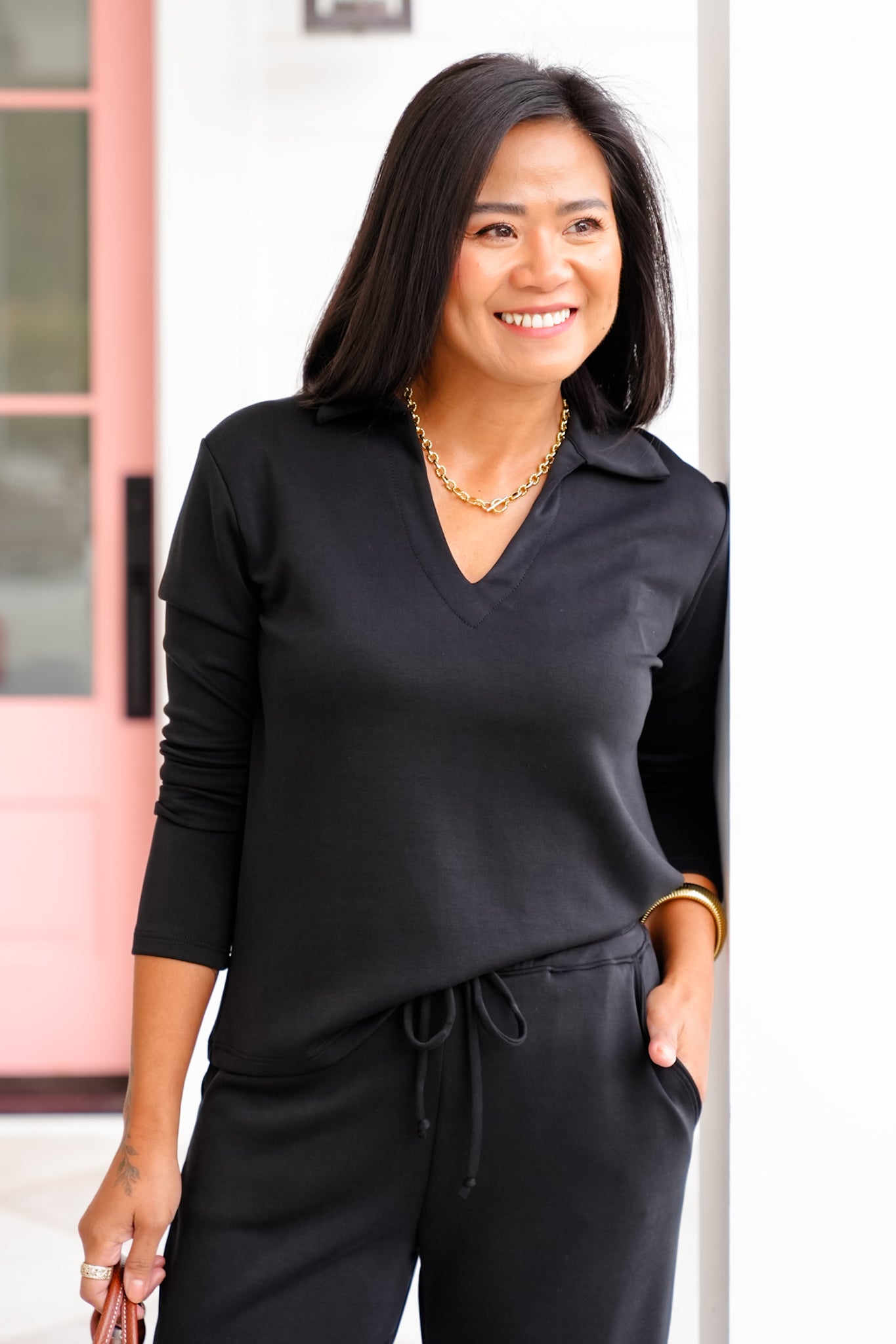 Solid Long Sleeve V Neck Polo Top