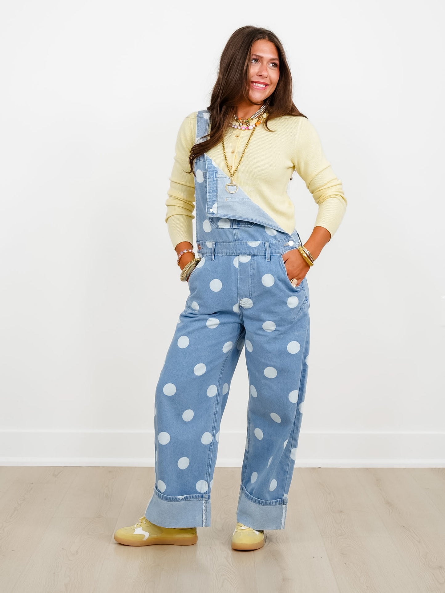 Light Wash Polka Dot Print Cuffed Overalls