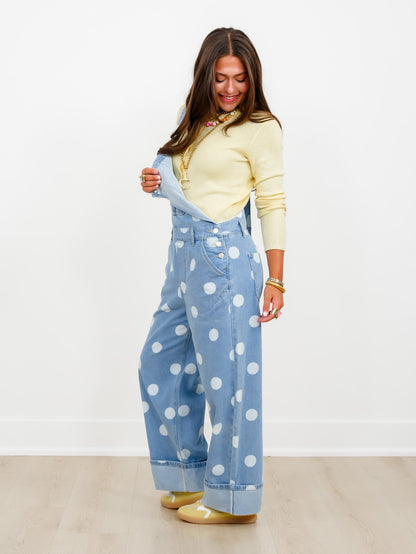 Light Wash Polka Dot Print Cuffed Overalls