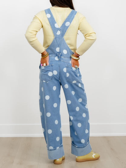 Light Wash Polka Dot Print Cuffed Overalls