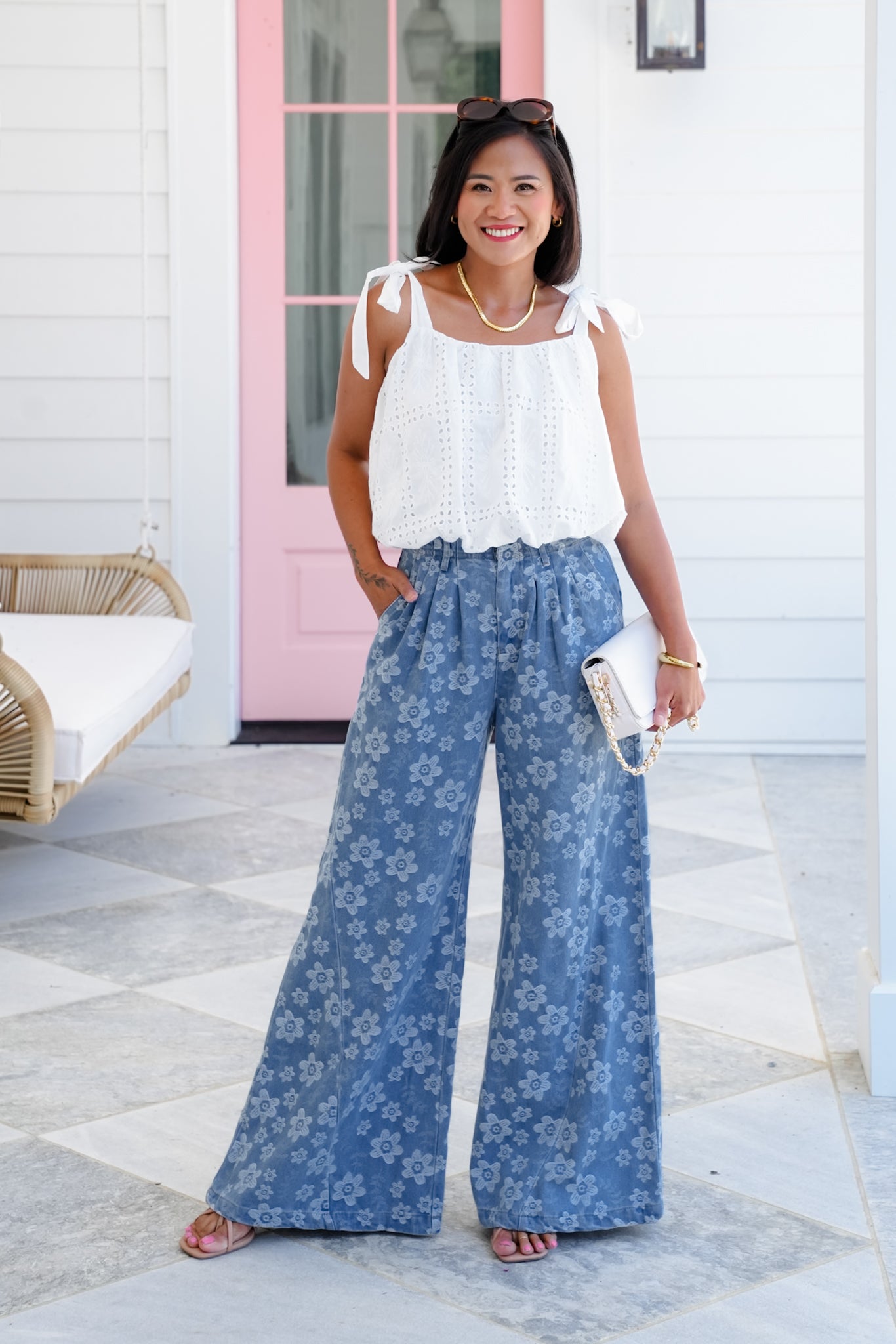 White Sleeveless Shoulder Tie Bubble Hem Top