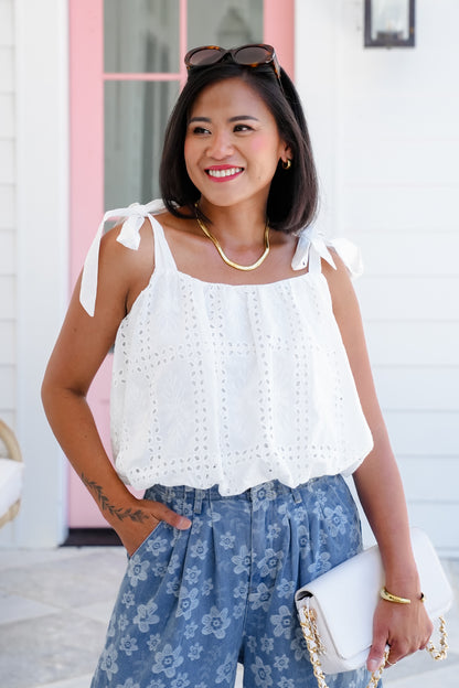 White Sleeveless Shoulder Tie Bubble Hem Top