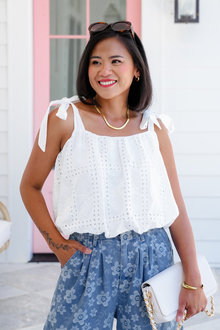 White Sleeveless Shoulder Tie Bubble Hem Top