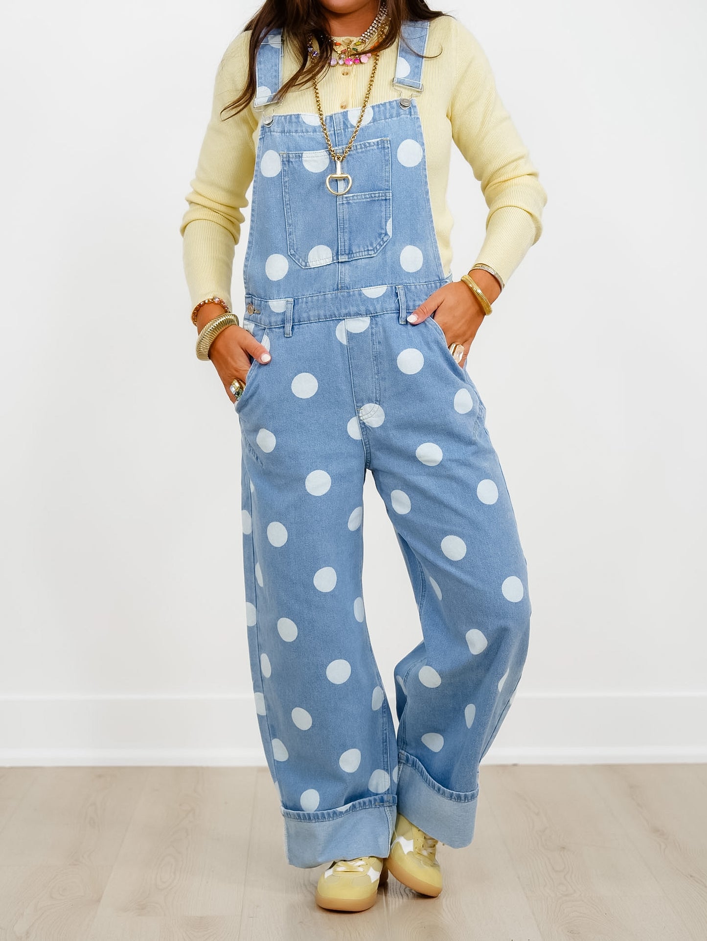 Light Wash Polka Dot Print Cuffed Overalls