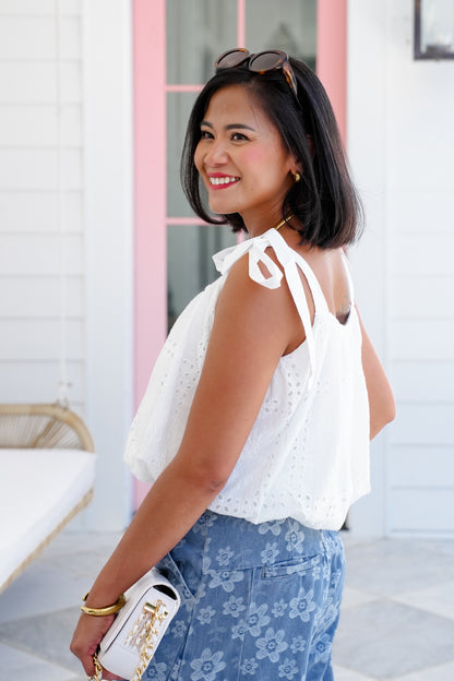 White Sleeveless Shoulder Tie Bubble Hem Top