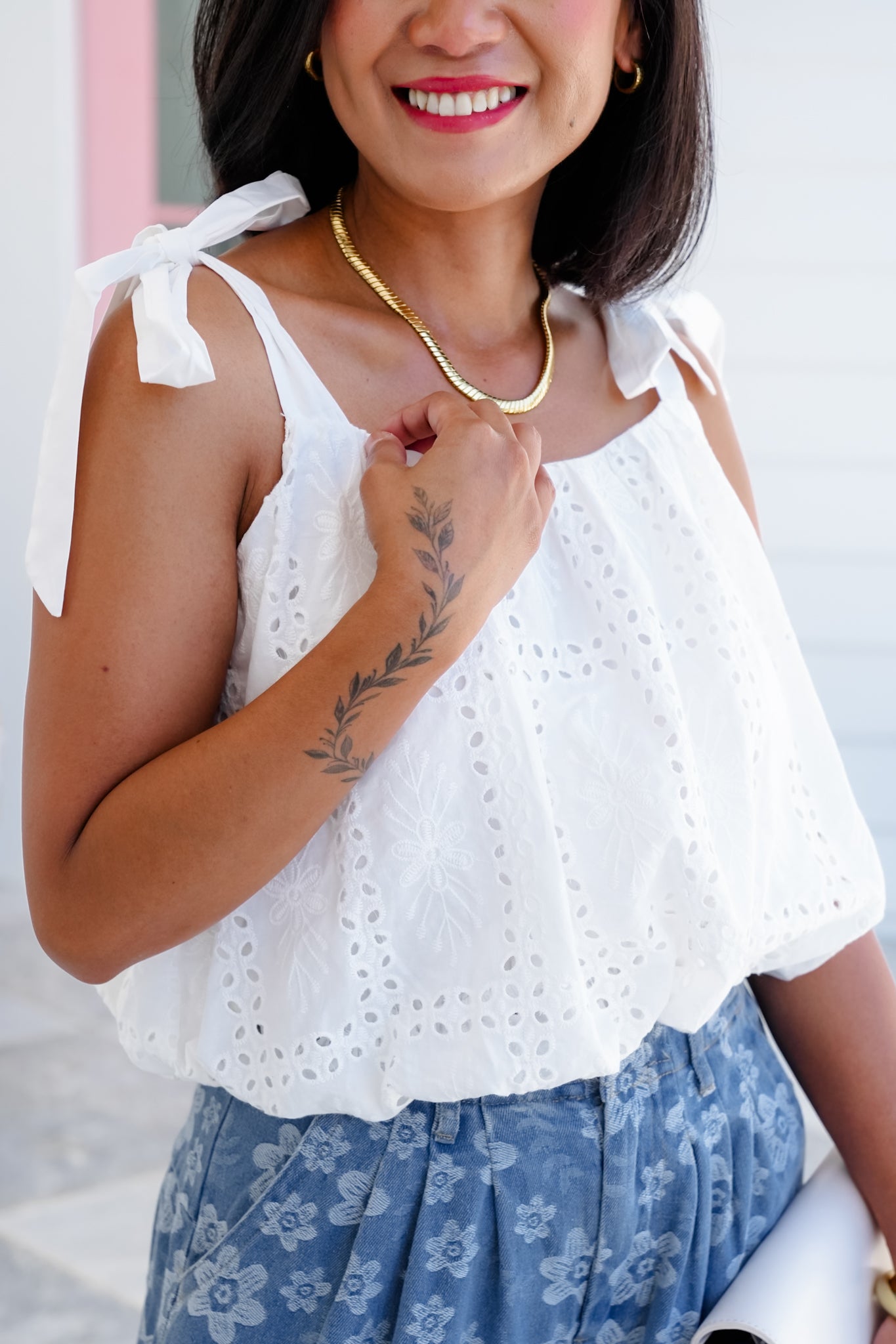White Sleeveless Shoulder Tie Bubble Hem Top