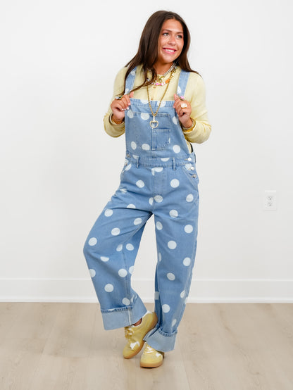 Light Wash Polka Dot Print Cuffed Overalls