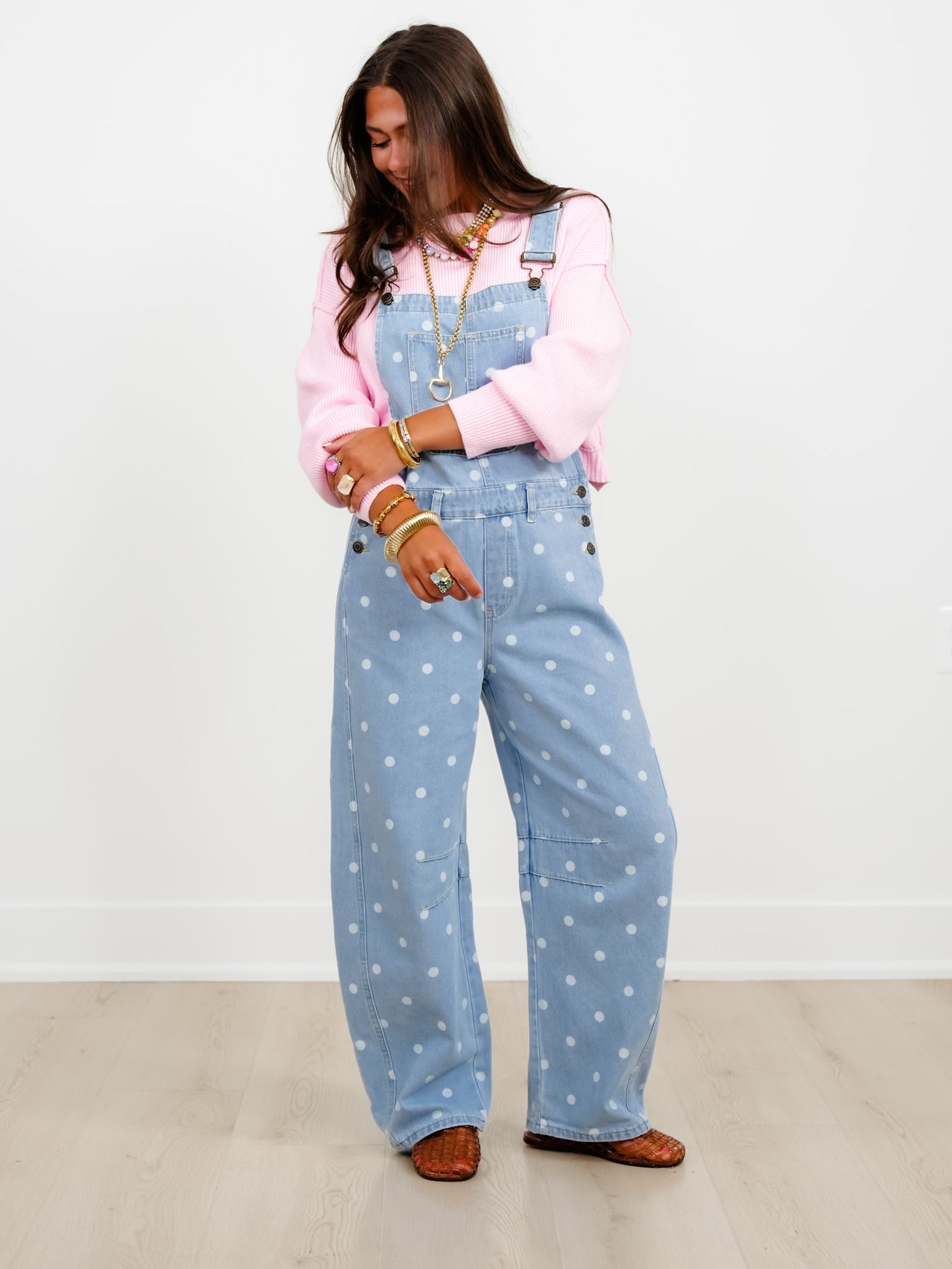 Light Wash Polka Dot Barrel Leg Denim Overalls