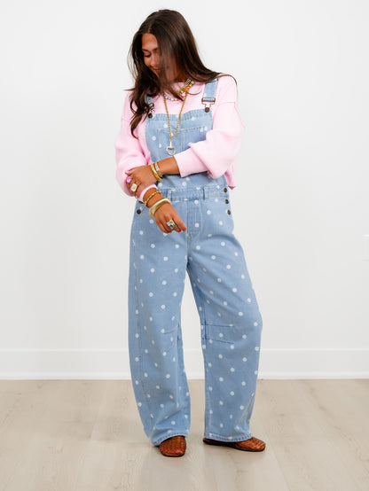Light Wash Polka Dot Barrel Leg Denim Overalls