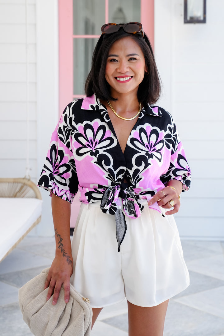 Floral Print Short Sleeve Top with Front Tie Detail