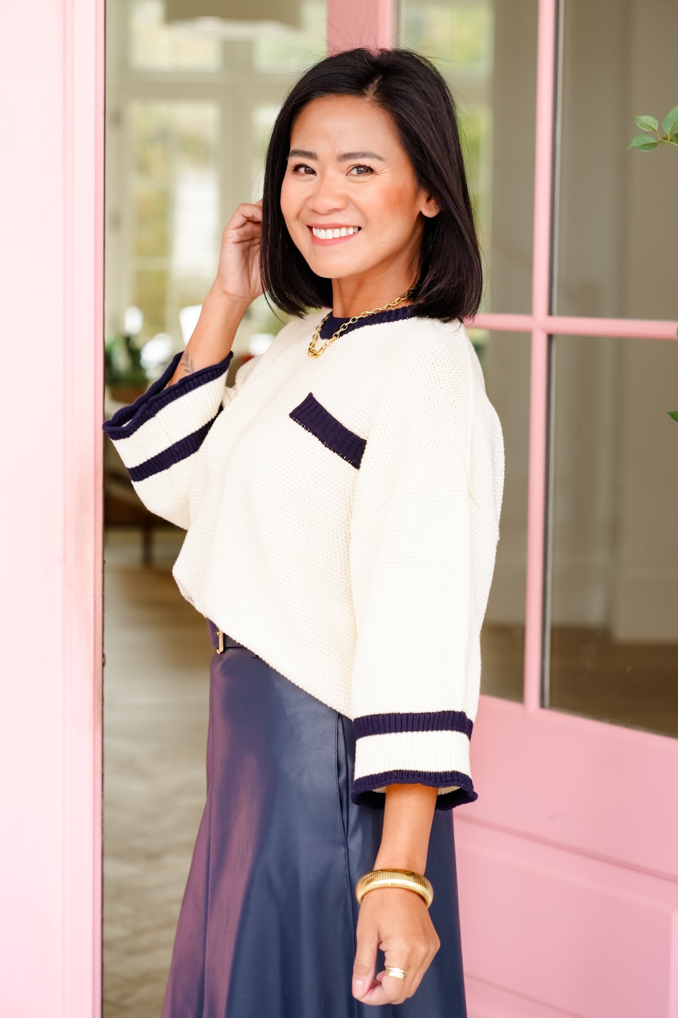 Plus/Reg Textured Long Sleeve Sweater with Stripes