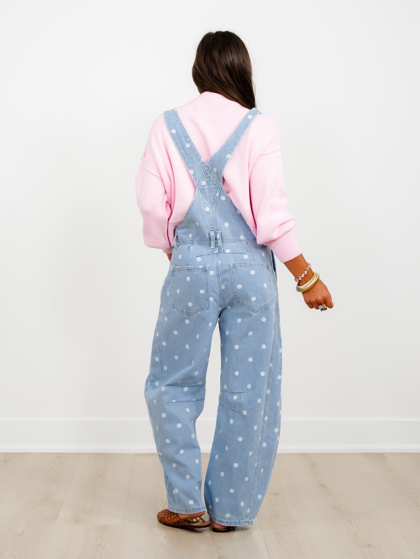 Light Wash Polka Dot Barrel Leg Denim Overalls