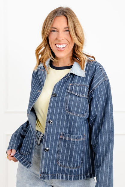 Stripe Long Sleeve Button Down Barn Jacket