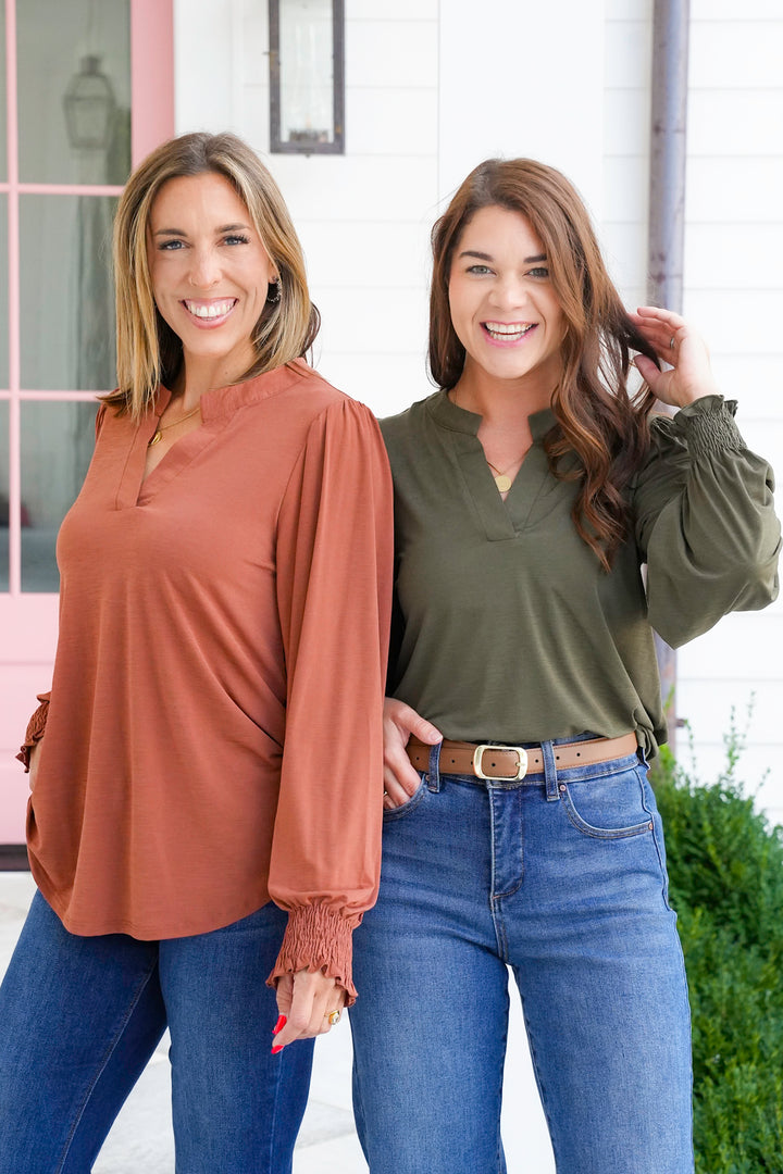 Door Buster! Plus/Reg Solid Long Sleeve Split Neck Tunic Top