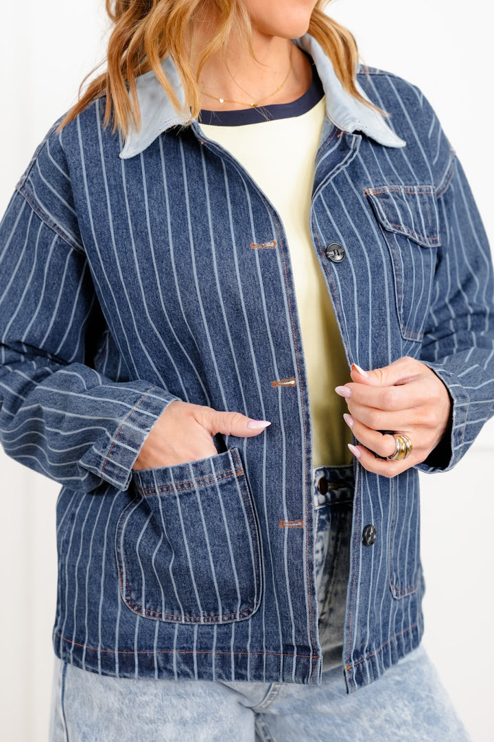 Stripe Long Sleeve Button Down Barn Jacket
