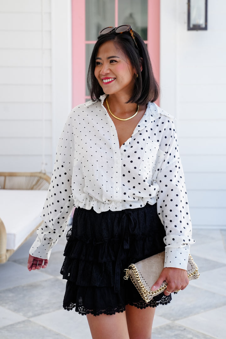 Polka Dot Long Sleeve Button Up Collared Top