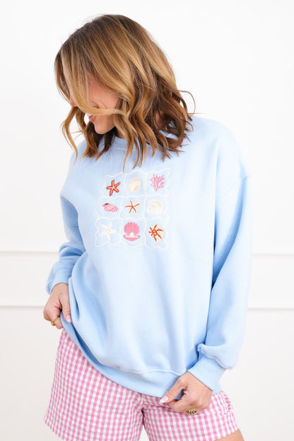 Embroidered Sea Shells Long Sleeve Pullover Sweatshirts