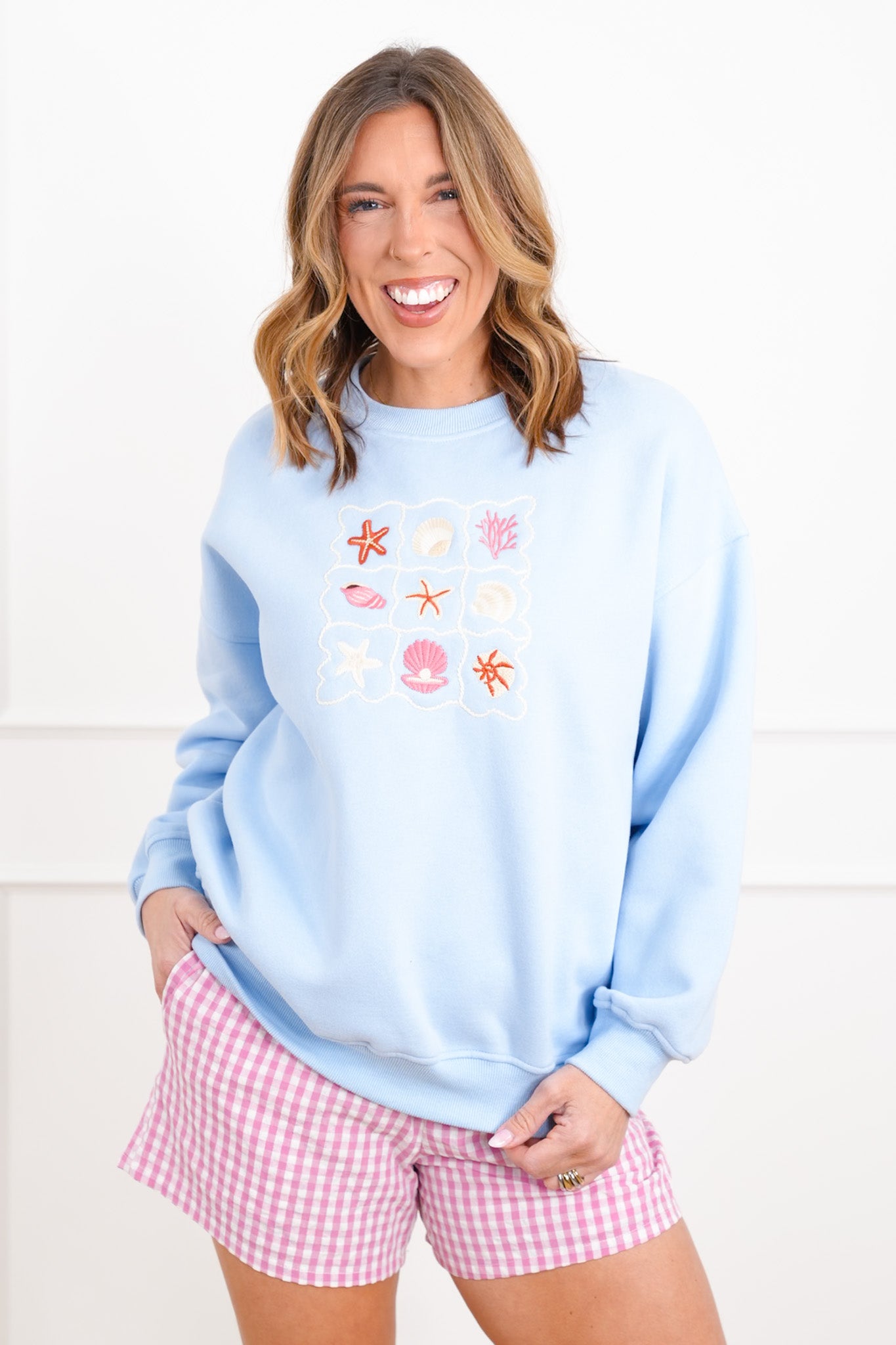 Embroidered Sea Shells Long Sleeve Pullover Sweatshirts