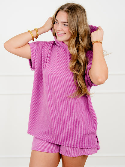 Urban Ribbed Short Sleeve Hooded Top and Shorts Sets