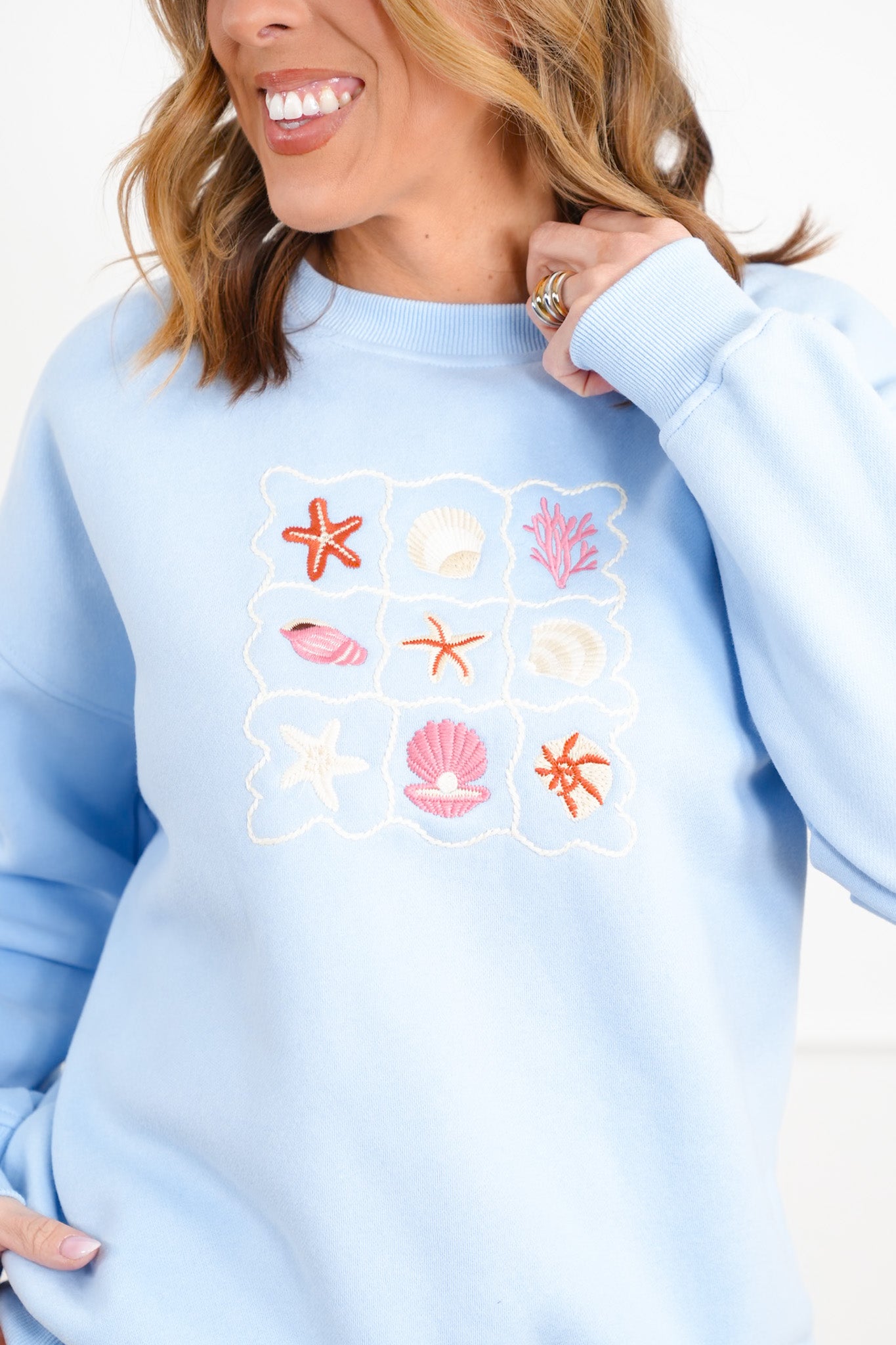 Embroidered Sea Shells Long Sleeve Pullover Sweatshirts