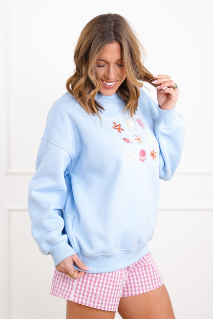 Embroidered Sea Shells Long Sleeve Pullover Sweatshirts