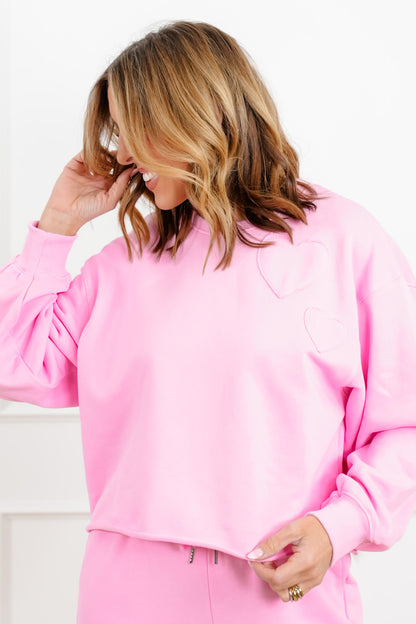 Pink Long Sleeve Heart Patch Pullover Sweatshirt