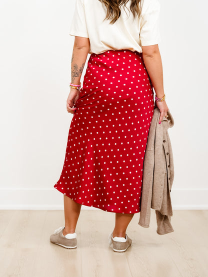 Satin Elastic Waist Polka Dot Midi Skirt
