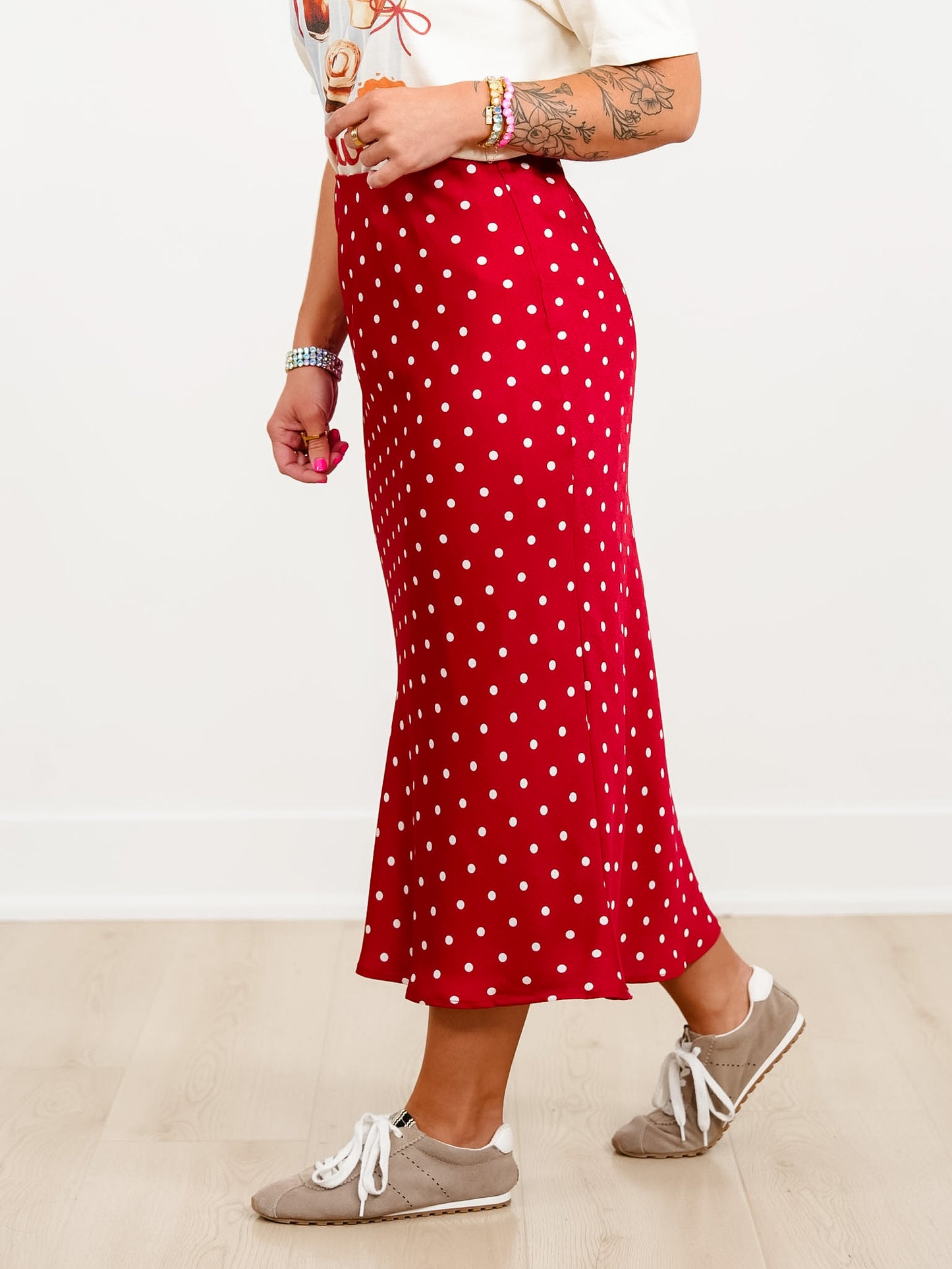 Satin Elastic Waist Polka Dot Midi Skirt