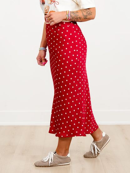 Satin Elastic Waist Polka Dot Midi Skirt