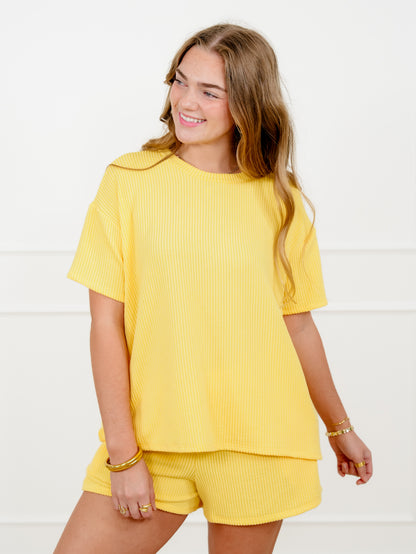 Yellow Urban Ribbed Short Sleeve Top and Shorts Set