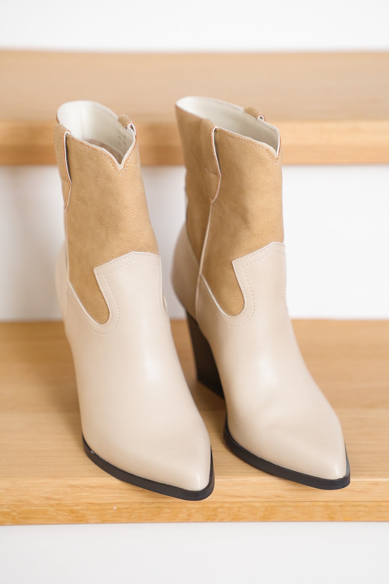 Two Toned Western Inspired Block Heel Ankle Boot with Pointed Toe