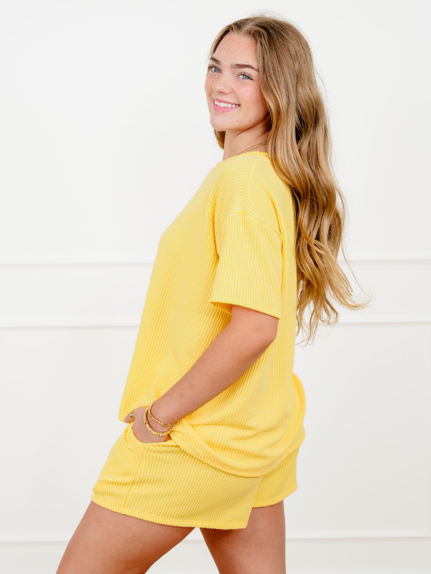 Yellow Urban Ribbed Short Sleeve Top and Shorts Set