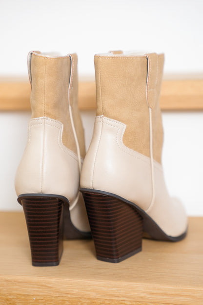 Two Toned Western Inspired Block Heel Ankle Boot with Pointed Toe