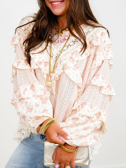 POL Textured Long Sleeve Round Neck Top With Floral