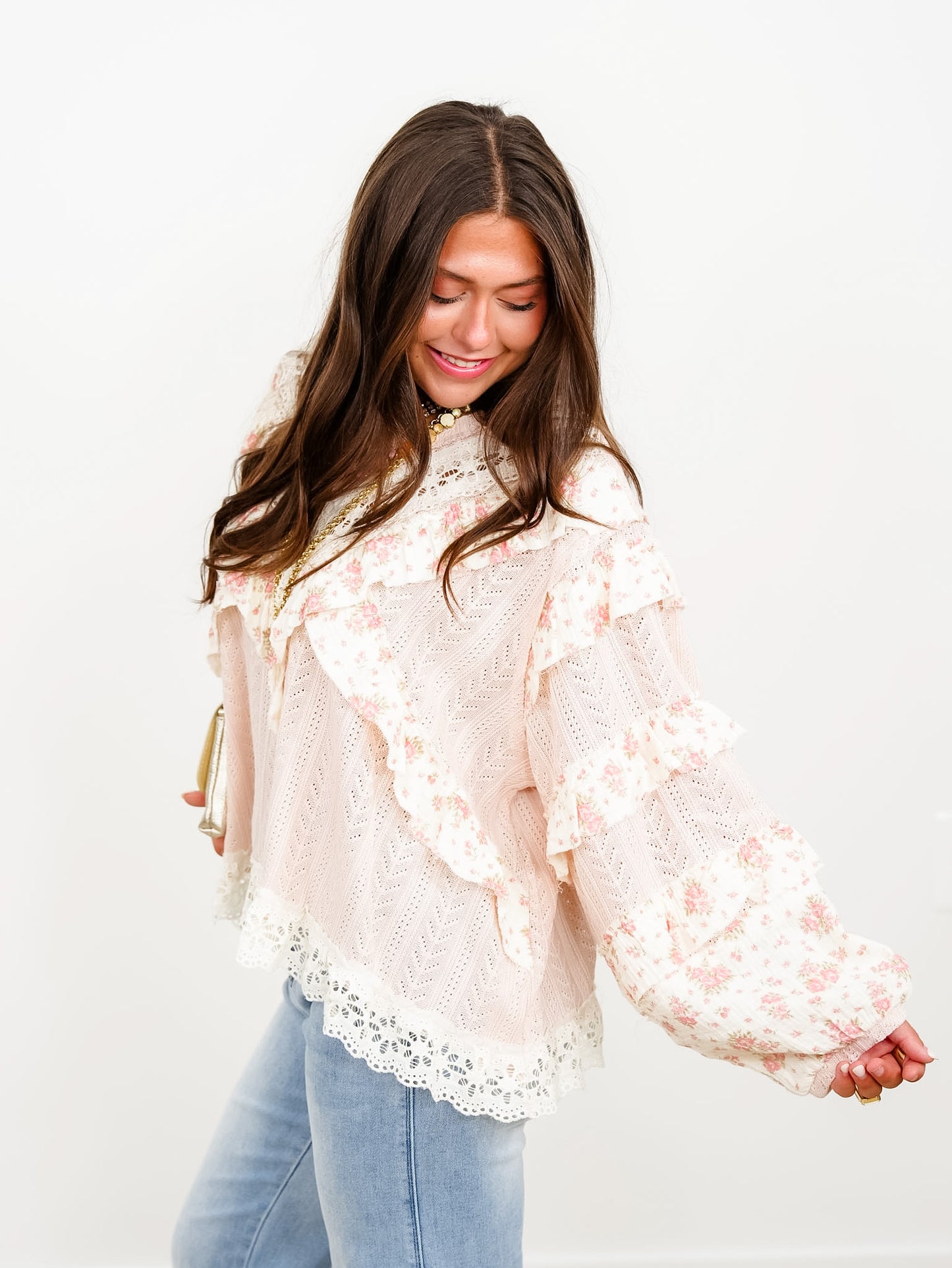 POL Textured Long Sleeve Round Neck Top With Floral