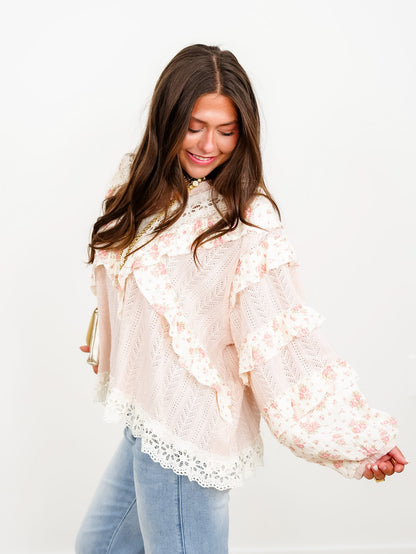 POL Textured Long Sleeve Round Neck Top With Floral
