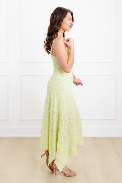 Lace Sleeveless Midi Dress with Handkerchief Hem