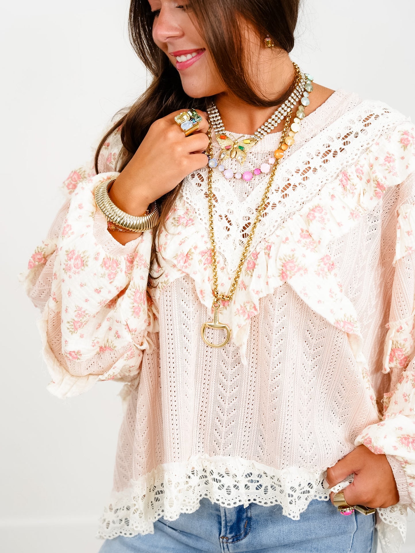 POL Textured Long Sleeve Round Neck Top With Floral