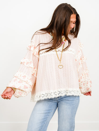 POL Textured Long Sleeve Round Neck Top With Floral
