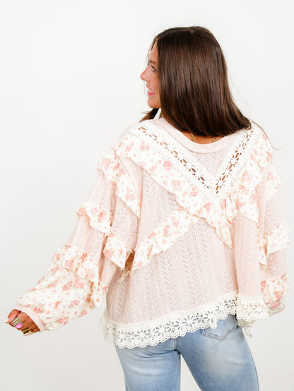 POL Textured Long Sleeve Round Neck Top With Floral