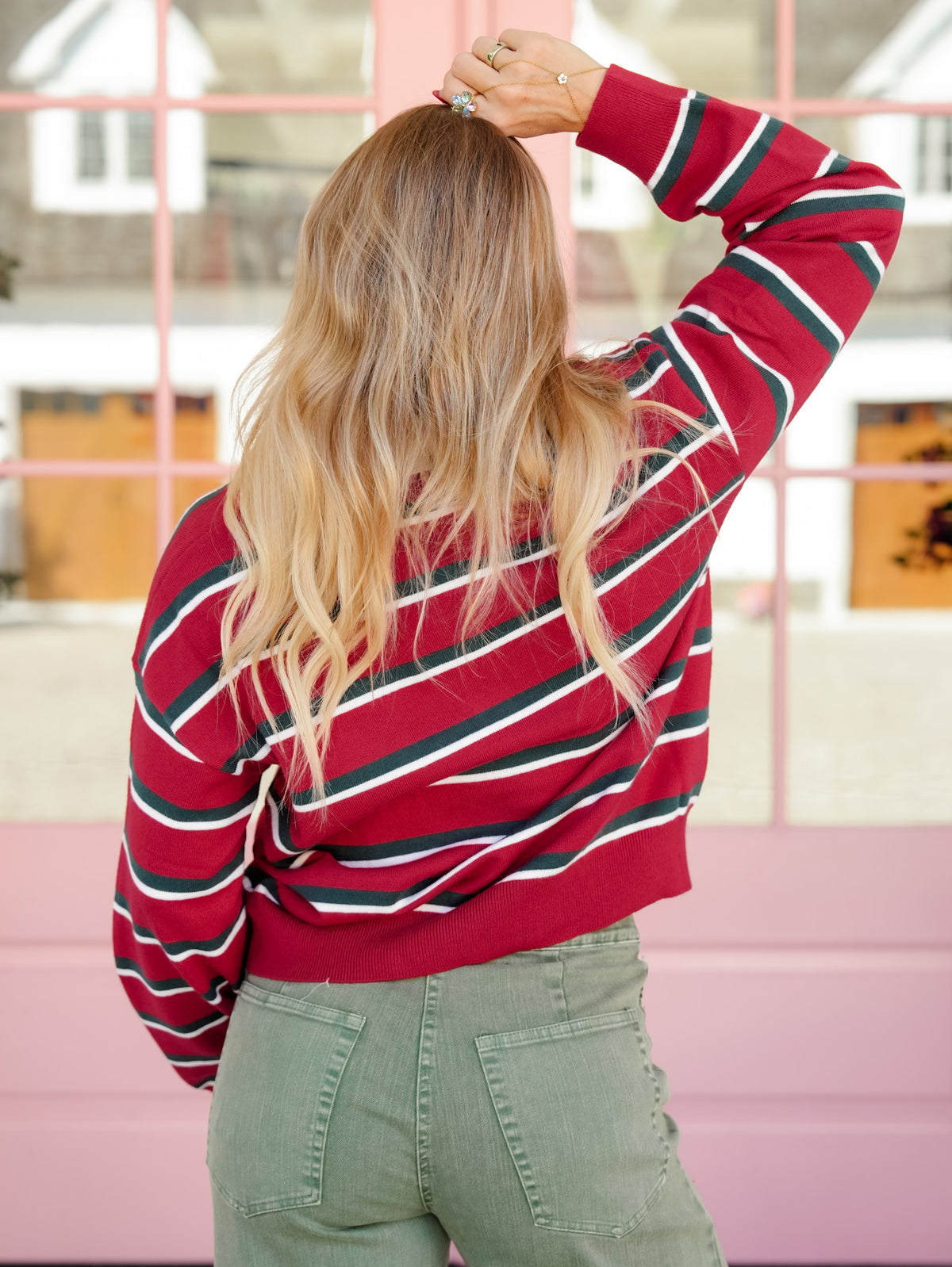 Collared Striped Long Sleeve Polo Sweater - Freckled Poppy