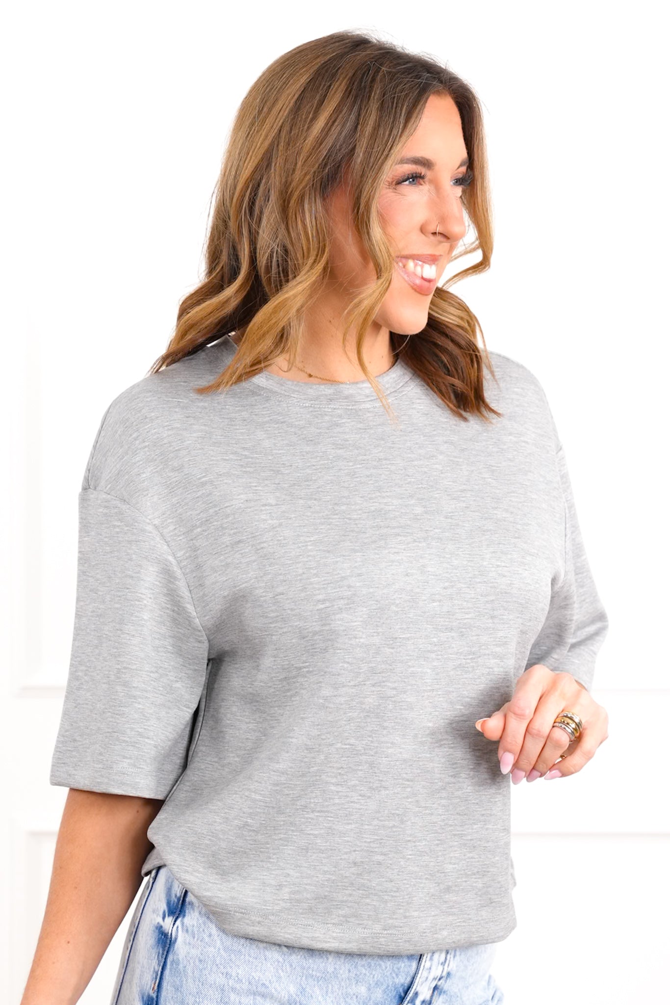 Scuba Knit Short Sleeve Drop Shoulder Basic Top