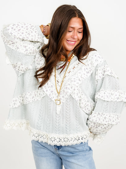 POL Textured Long Sleeve Round Neck Top With Floral