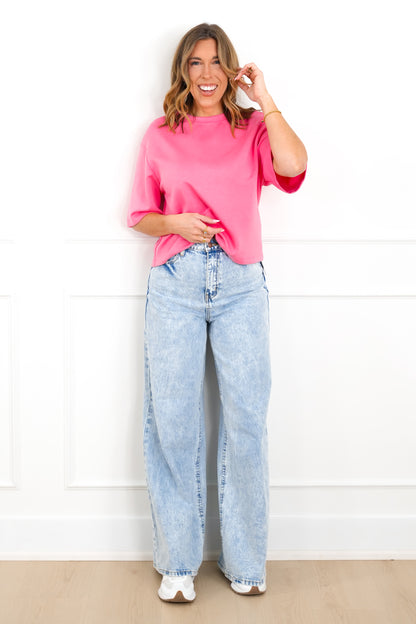 Scuba Knit Short Sleeve Drop Shoulder Basic Top